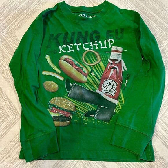 Wes & Willy Boys ‘Kung Fu Ketchup’ Green Long Sleeve Graphic Shirt - Picture 1 of 7